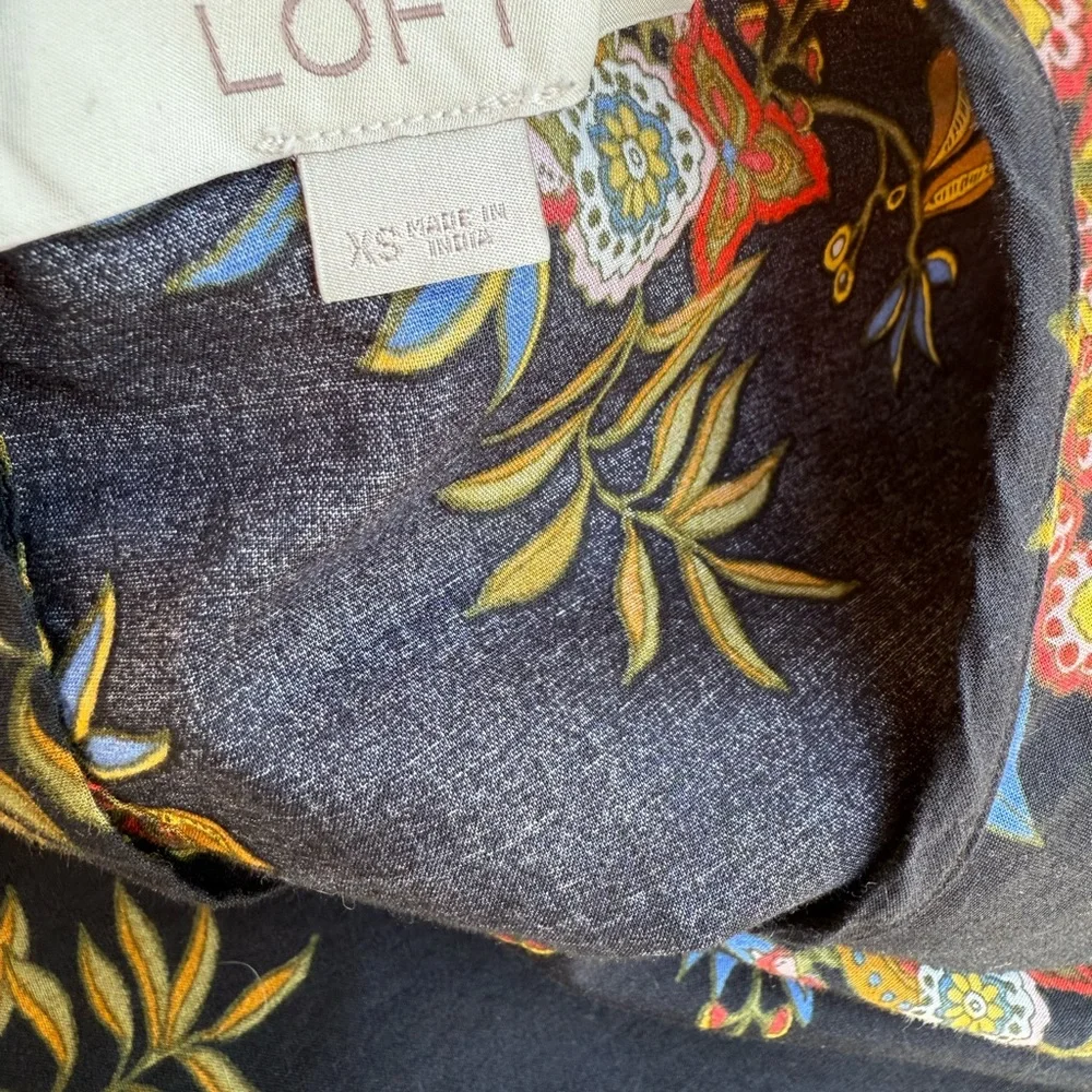 LOFT Black Floral Boho Balloon Sleeve Cotton Blouse XS Cottagecore Romantic